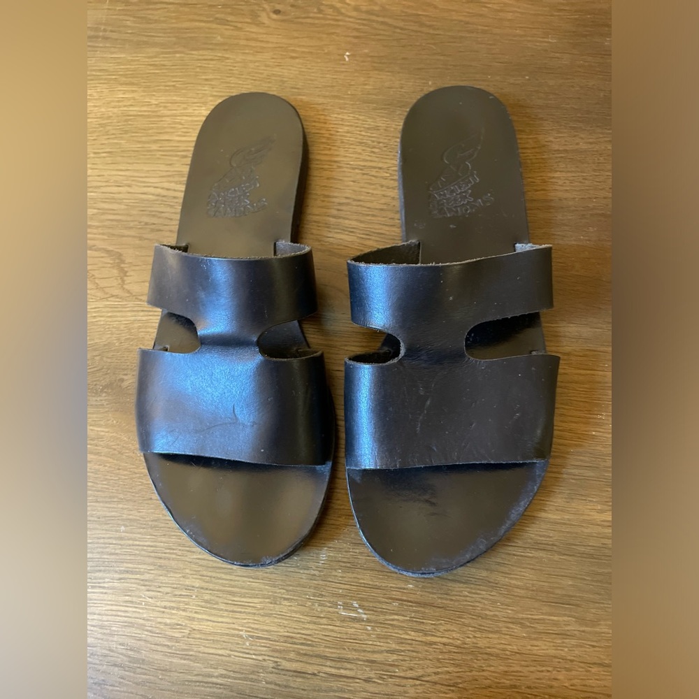 Ancient Greek sandals, size 39. Leather slides with cutouts.